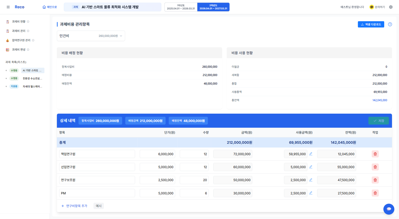 RECO 인건비 계상 및 증빙 관리 화면
